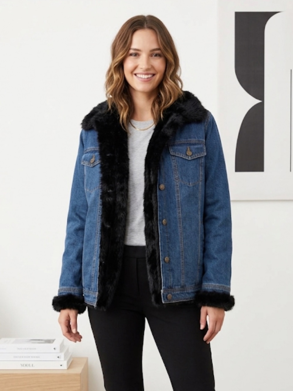 Dennis Basso Denim Faux Fur Vest Jacket Denim Jean Coat with Vest